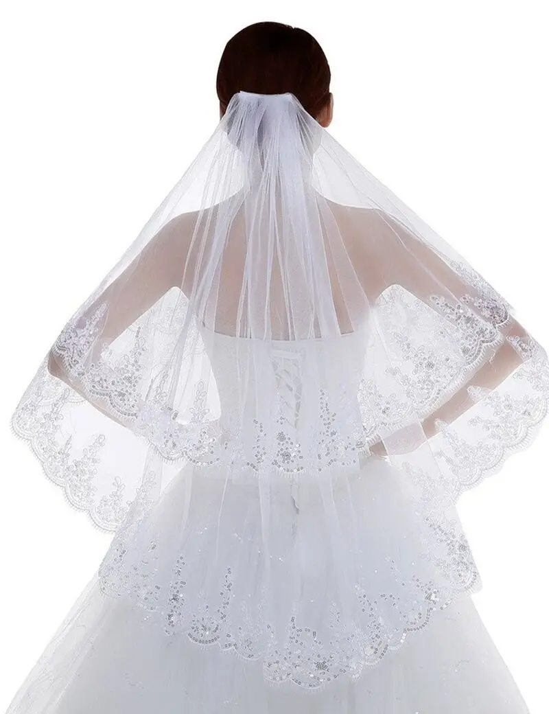 Bridal Veil Women Short 2 Tier Lace With Comb Appliqued Sequin Lace Edge