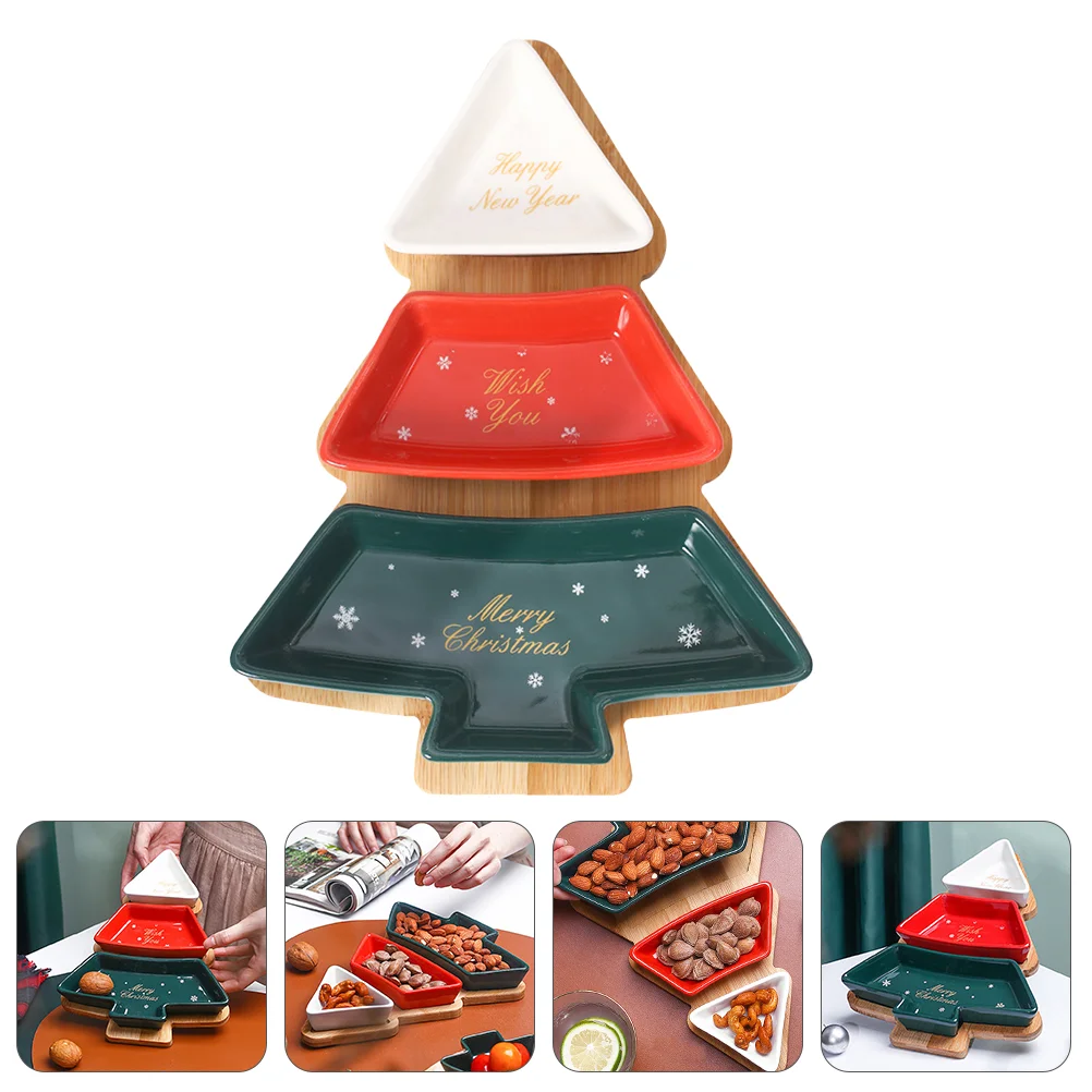 

Christmas Tree Shape Fruit Plates Dessert Nuts Snack Plate Candy Dish Serving Trays With Bamboo Base Stand New Year Tableware