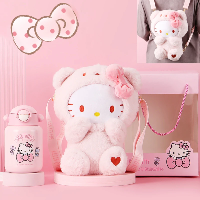 

Thermos Cup Kawaii Sanrio Hello Kitty Anime Figure 520Ml Cup Sus316 Straw Strap Outdoor Travel Child Gift Box Plush Student Cute