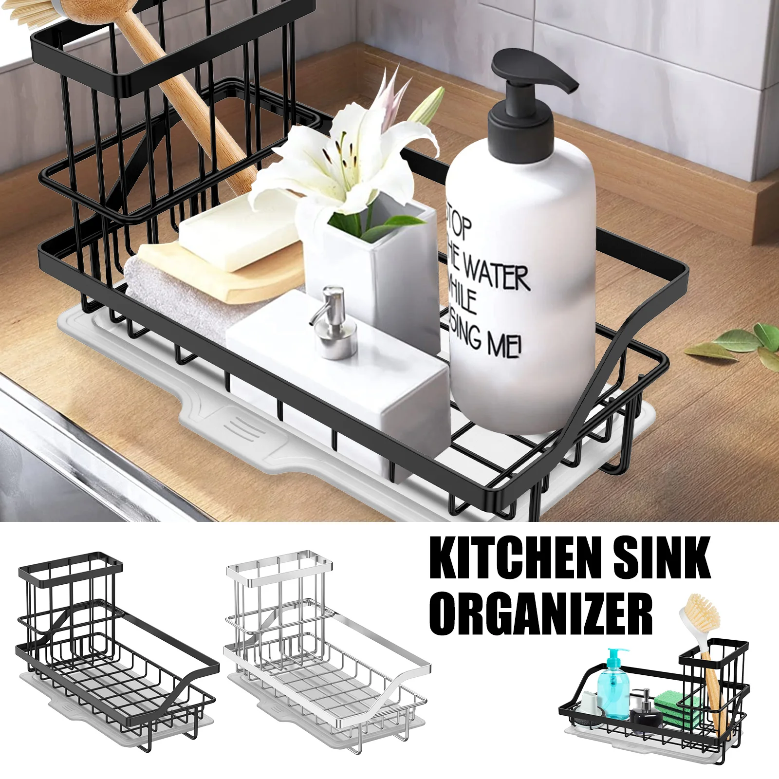 

Kitchen Sink Caddy Organizer Stainless Steel Sink Caddy Holder Drainage Sink Sponge Tray Removable Sponge Caddy Rack Rustproof