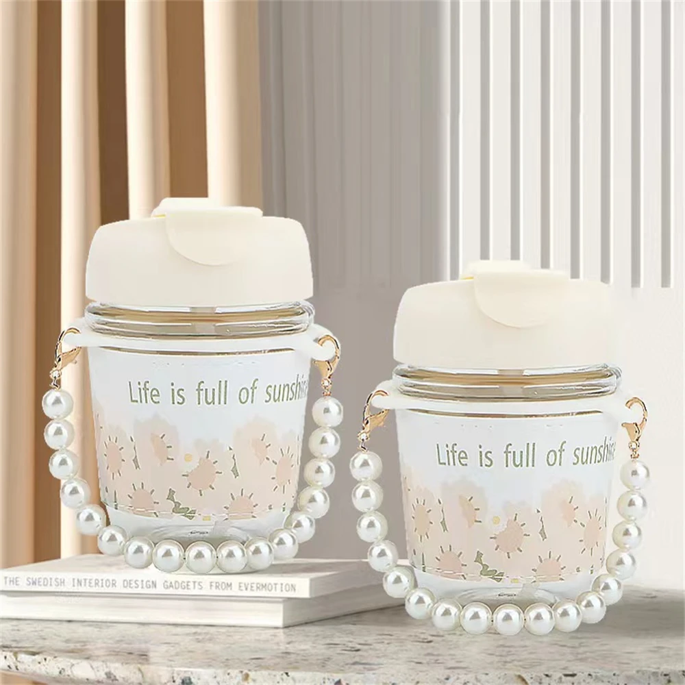 

Ins 350ML MINI Glass Water Cup Pearl Chain Sunflower Double Drink Straw Cup Home Office Goddess Handheld Portable Water Cup