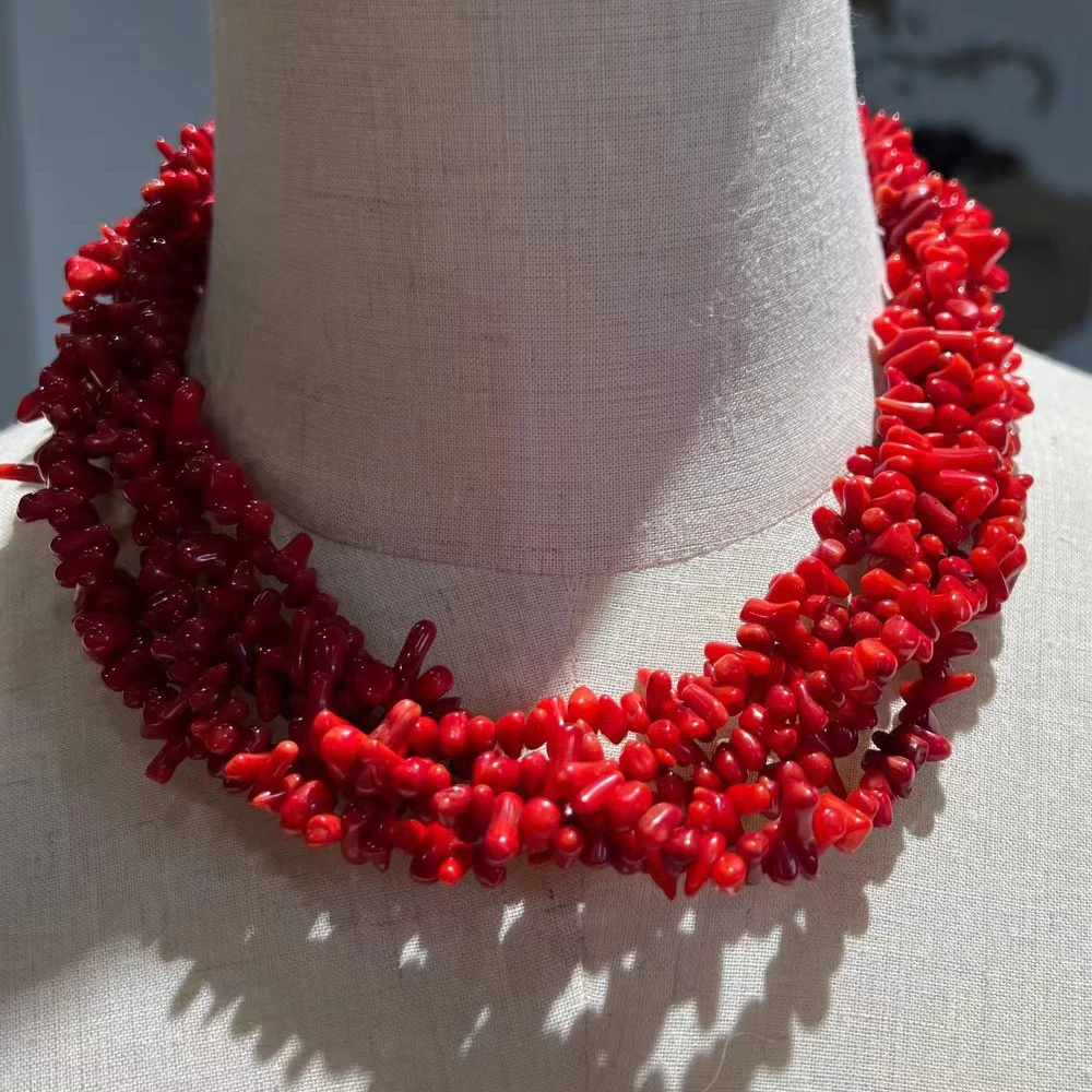 

Ожерелье из бисера с красным коралловым чипом неправильной формы, модное массивное многослойное ожерелье из коралловых бусин, аксессуары для банкета, свадьбы, ювелирные изделия для невесты