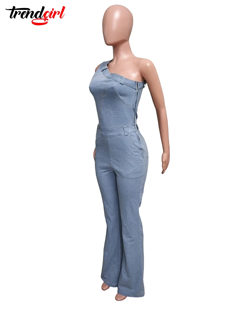 Trendgirl Women Sexy One Pieces Denim Overalls One Shoulder Sleeveless Stretch Jean Jumpsuits Flared Pants Birthday Party Romper