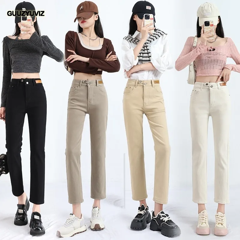 

GUUZYUVIZ 2023 Autumn Winter Stretch Straight Fleece Jeans Woman High Waist Elastic Denim Pants Warm Velvet Thick