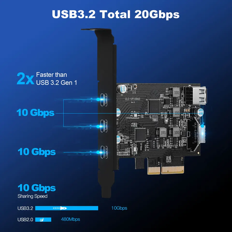 PCIe Naar USB 3.2 Gen 2-kaart 20 Gbps 5 Poorten (3 USB PCIe Naar USB 3.2 Gen 2-kaart 20 Gbps 5 Poorten (3 USB