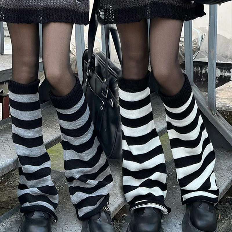 

Gothic Fashiion Dark Ribbed Knit Leg Warmers Contrast Color Striped Wide Leg Flare Foot Cover Socks Harajuku Loose Knee High