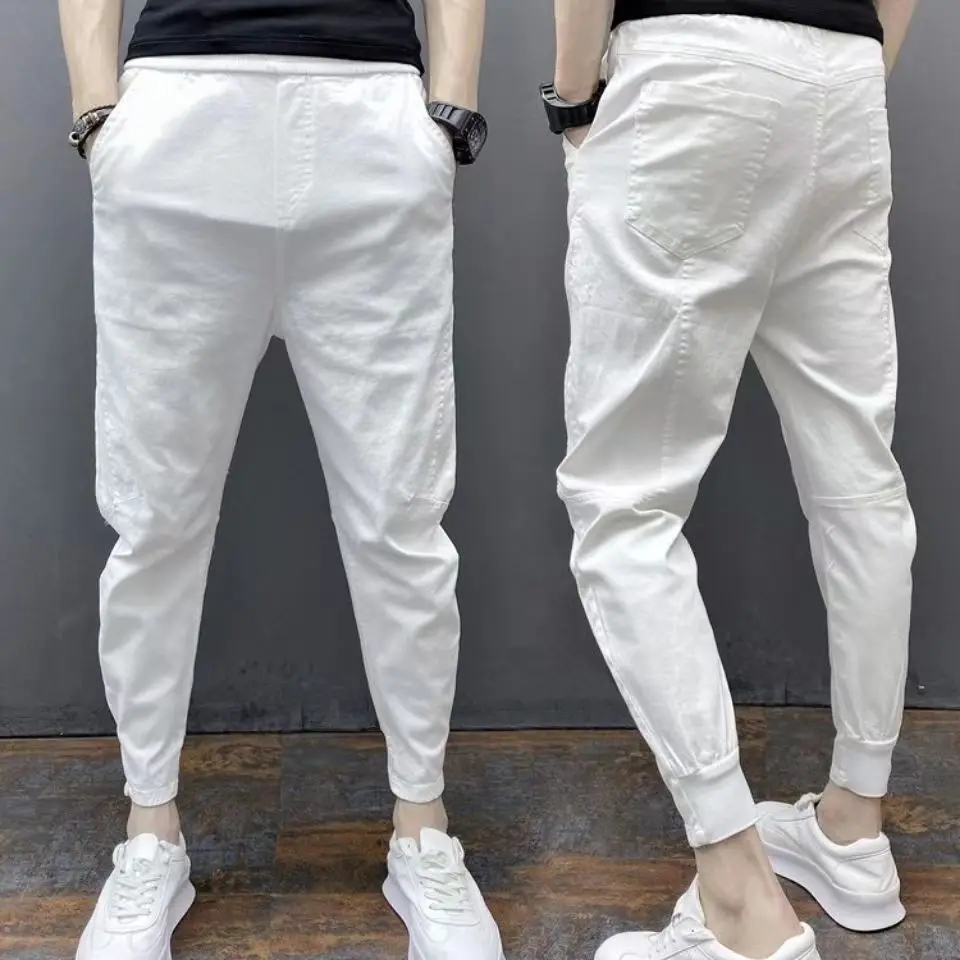 

Spring Summer Men's Casual Pants Joggers Ankle Elastic Waist Drawstring Streetwear HipHop White Black Harem Pants Man Trousers