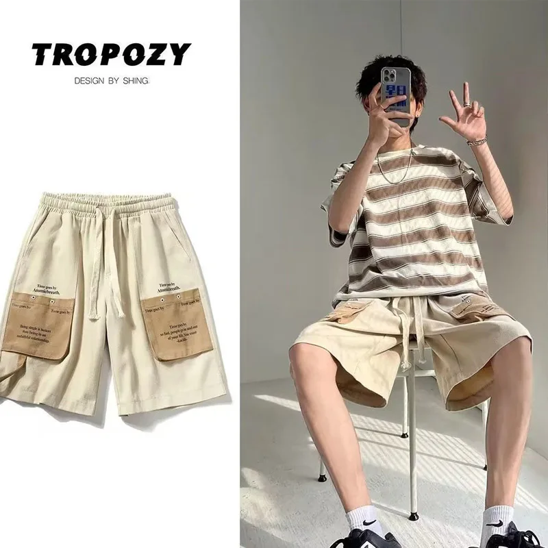 Fashion Printing Letter Multiple Pockets Men's Cargo Shorts New Loose Classic Street Casual Waist Drawcord Male Short 2023