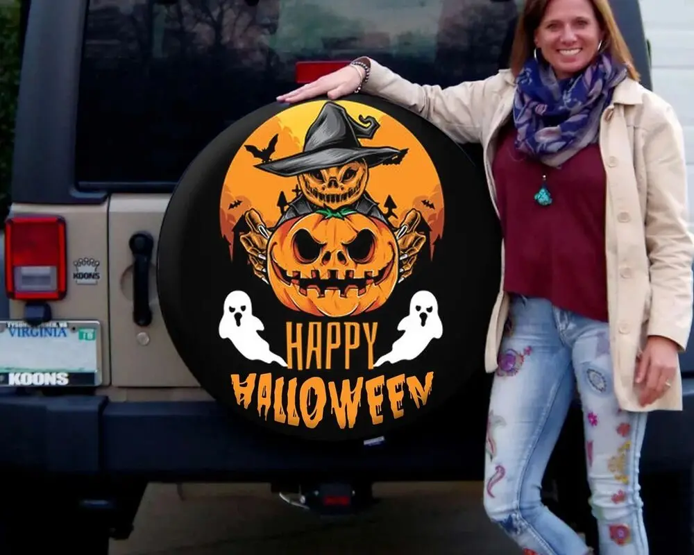 

Funny Halloween Pumpkin Spare Tire Cover 32" Pumpkin Ghost Wheel Cover Halloween