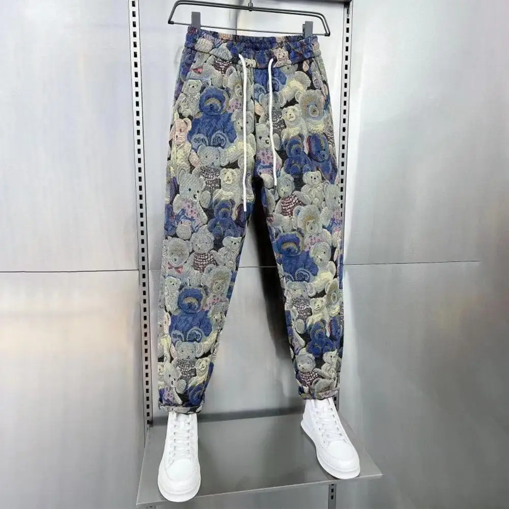 

Unique Bear Print Harem Trousers Men's Bear Print Harem Pants Casual Streetwear with Elastic Waist Pockets for Autumn Winter