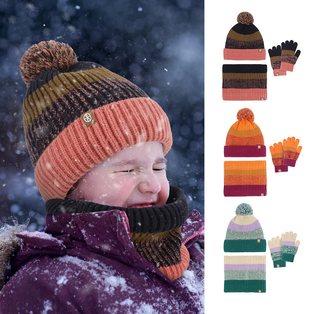 3pcs Set Winter Hat Children Beanie Snood Gloves Kids Gilr Boy Knit Winter Bonnet Colorful Striped Plush Lining Pompom 2-10Y