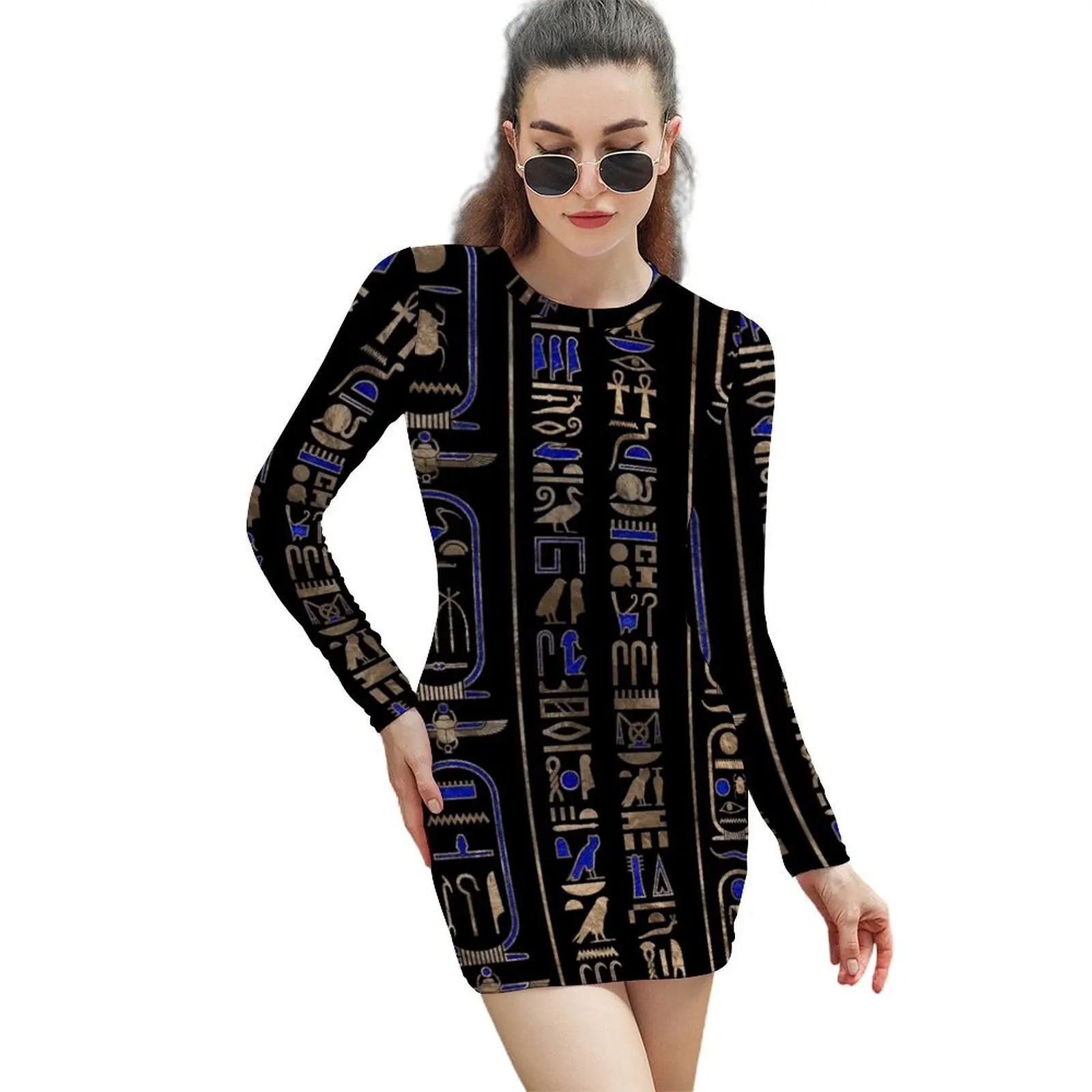 

Egyptian hieroglyphs pattern Gold Lapis Lazuli #2 Long-Sleeved Sheath Dress Evening dresses dress for woman