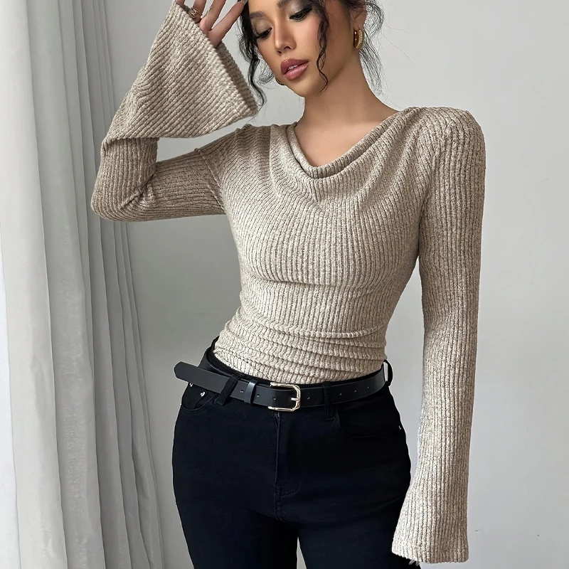2025 Women Autumn Winter Long Sleeve Y2K Crop Top Trendy Off Shoulder Asymmetrical Fitted Knit V Neck Tee Shirts Tops Streetwear - Image 6