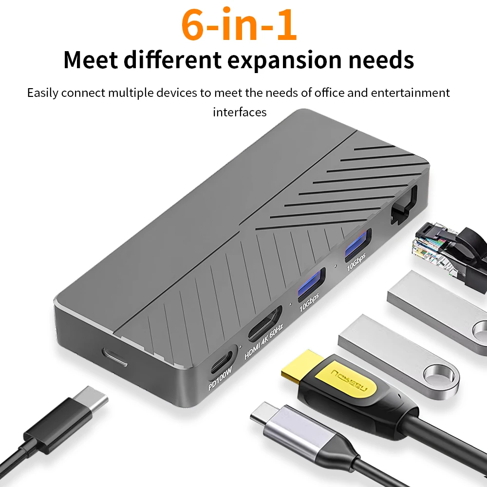 TISHRIC SSD M2 NVME NGFF Ŭ, 6 in 1 PD 100W, 4K HDMI ȣȯ ⰡƮ Ʈũ ̽, C Ÿ  HD ̽, 10Gbps