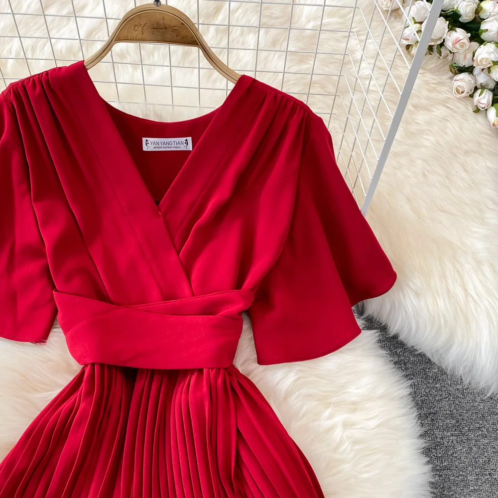Women Elegant Pleated Dress Summer Short Sleeve V-neck Vintage Dresses Ladies A Line High Waisted Midi Dress