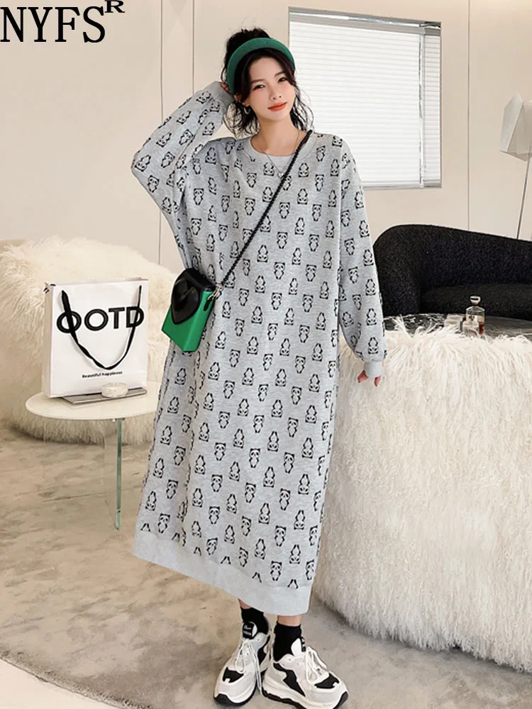 

NYFS 2024 Autumn Winter New Korea Woman Dress Vestidos Robe Elbise Loose Plus Size Bear Jacquard Long Dresses