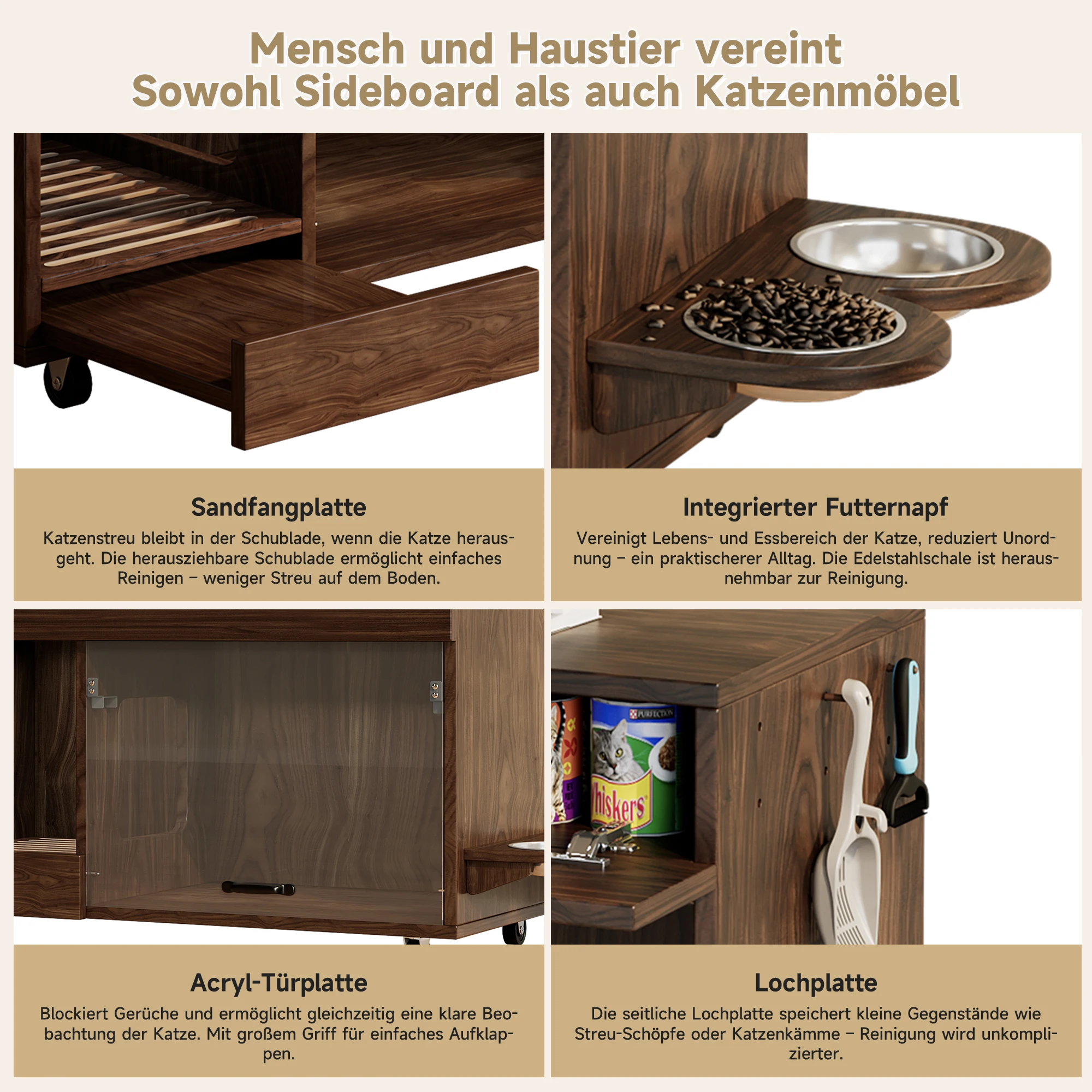 Mobiler Katzenklo-Schrank (Katzenklo-Unterschrank) – mit Futtertöpfen, Streuablage, perforiertem Paneel mit Hakenlöchern – Detail 21