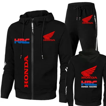 Set di felpe con cappuccio Honda Abbigliamento da uomo Honda Red Wings e HRC Logo Stampa Tuta da uomo Autunno Zip Up Felpe con cappuccio + Pant Set da uomo Cappotto Honda 1