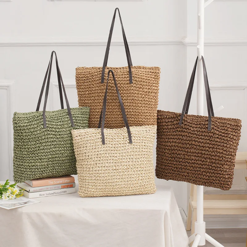 Straw Woven Beach Shoulder Bag Vintage Handmade Knitted Handbag Purse Rattan Clutch Bohemian Summer Travel Casual Shopping Totes