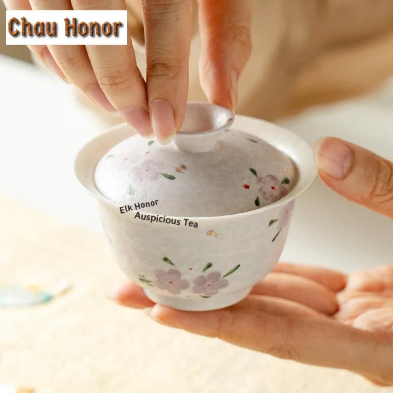 Hand-painted Cherry Blossoms Gaiwan Zen Not Hot Tea Tureen Tea Bowl With Lid Kit Tea Brewing Cover Bowl Tea Ceremony Collection