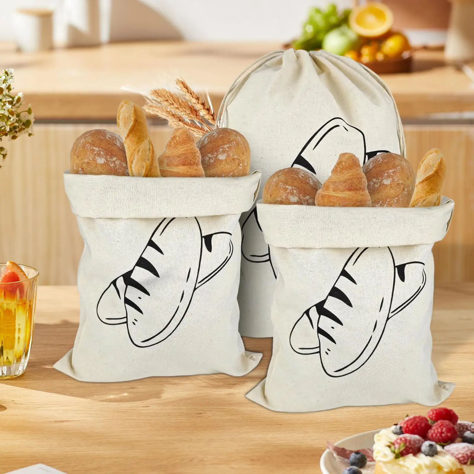 3 Pieces Bread Bags Linen Bags Kitchen Accessories with Drawstring Totes for Household Cafe Family Gatherings Bakery Kitchen