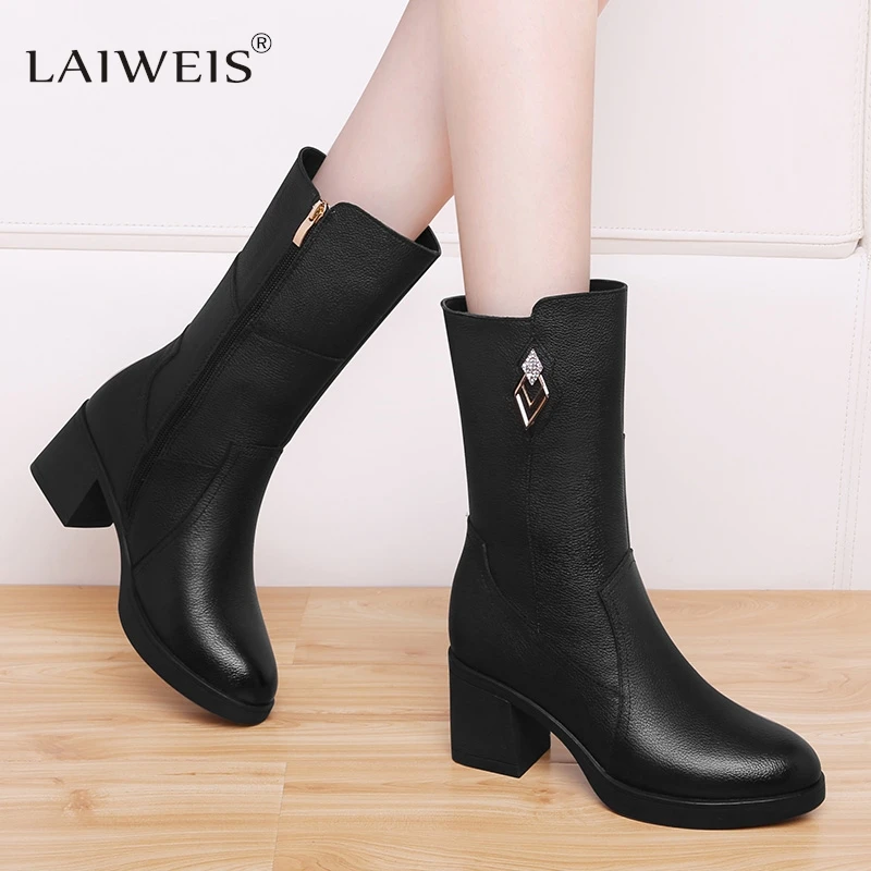 

Ботинки женские зимние до середины икры, повседневные однотонные, на молнии, с круглым носком, на квадратном каблуке, винтажные сапоги