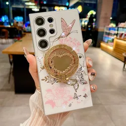 Premium 3D Diamond Plating Magnetic Phone Case with Removable Metal Stand and Shockproof Protection - S23Ultra (With Stand White)