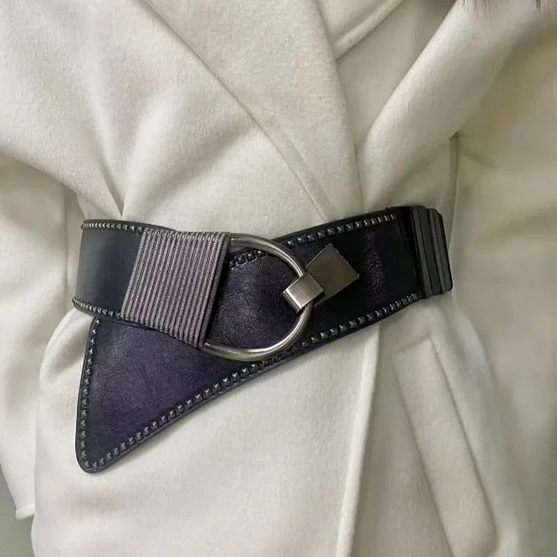 

2024 Fashion Versatile Dress with Genuine Leather Waist Cover Women's Wide Decorative Coat Shirt Sweater Elastic Belt