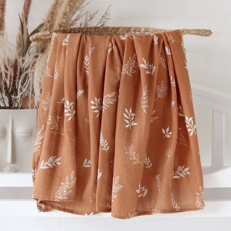 Eucalyptus Printed Organic Bamboo Cotton Muslin Baby Swaddle Blanket