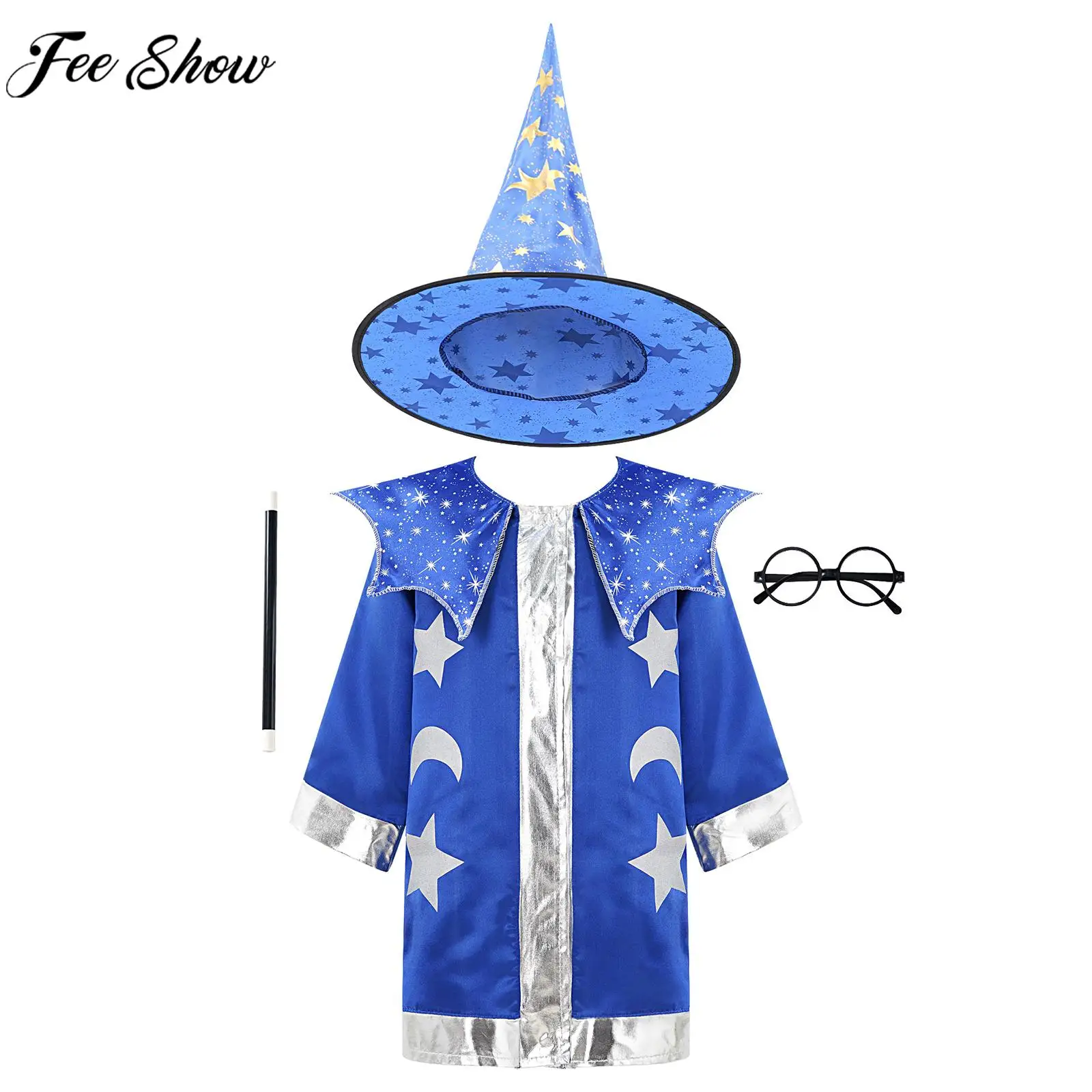 

Little Kids Halloween Theme Party Magician Cosplay Performance Costume Long Sleeve Cloak with Magic Wand Glasses Pointed Hat