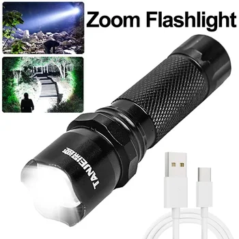 휴대용 LED 손전등, 텔레스코픽 줌 전술 토치 램프, USB 충전, 매우 밝은 손전등, 야외 캠핑 조명, 3 가지 모드