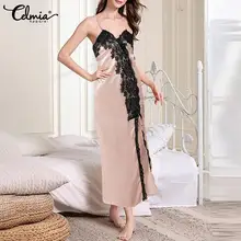 

Celmia Women's Sexy Spaghetti Straps Midi Nightgowns Hem Slit Casual Satin V Neck Sleep Dress Lace Patchwork Elegant Sleep Robe