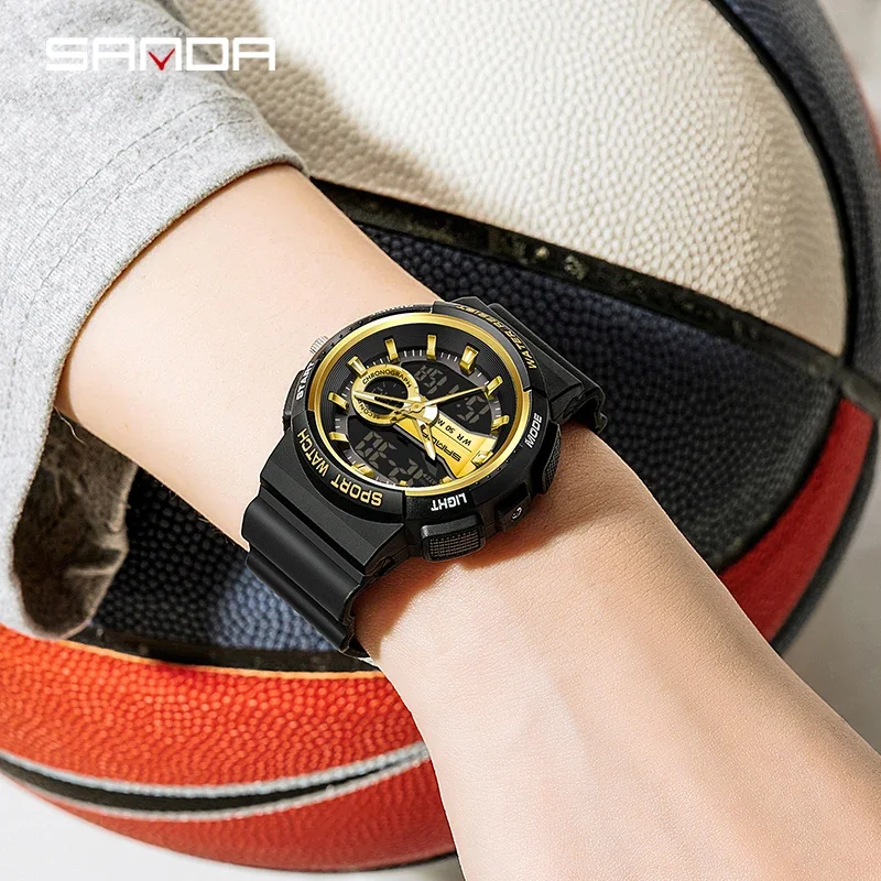 SANDA Man Quartz Watch Men's LED Digital Chronograph 50M Waterproof Outdoors Sports Wrist Watches For Men Clock Reloj De Hombre