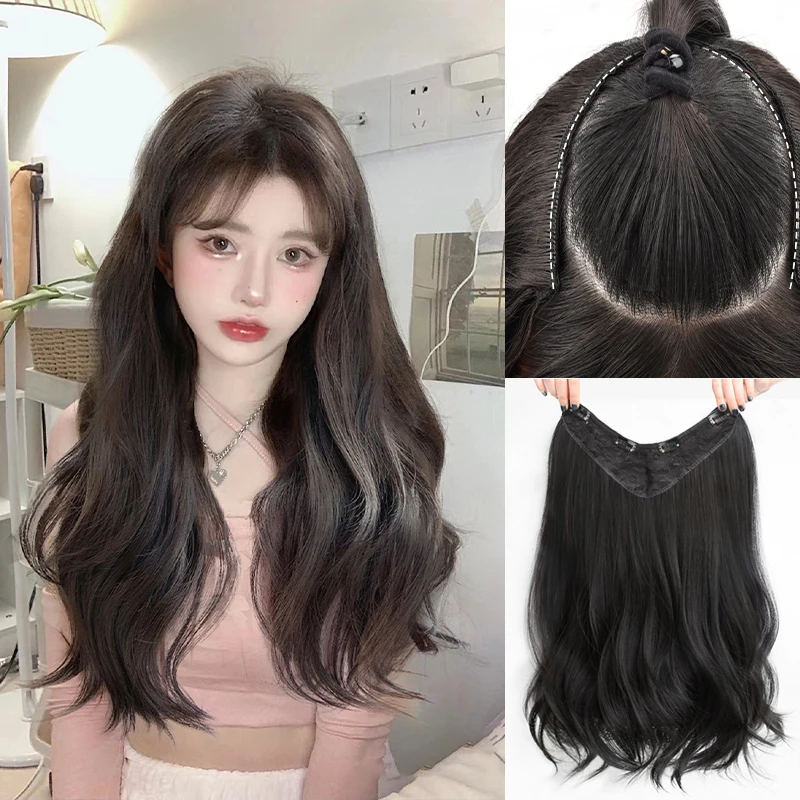 PAGEUP Synthetic V-shaped Micro-curly Long Hair Extension  Wig One-piece Hair Extension Piece Fluffy Top Increase Hair Volume