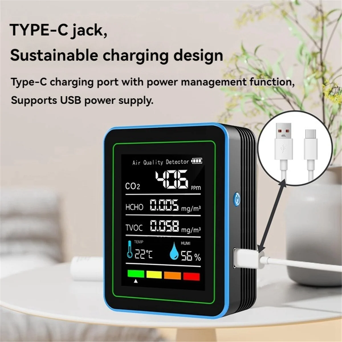 A06K 5 in 1 Air Quality Monitor TVOC HCHO Temperature Humidity CO2 Meter, USB Rechargeable CO2 Detector White