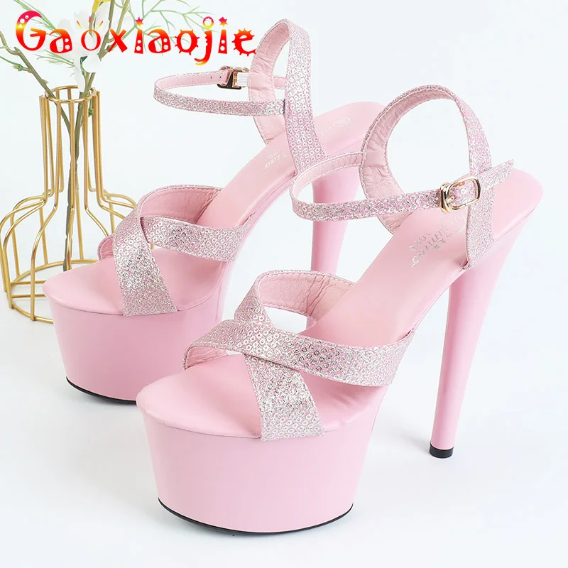 

Gladiator Nightclub Fetish Sandals Summer Cross Vamp 17CM Thin High Heels Big Size 34-43 Pink Platform Party Shoes For Women's