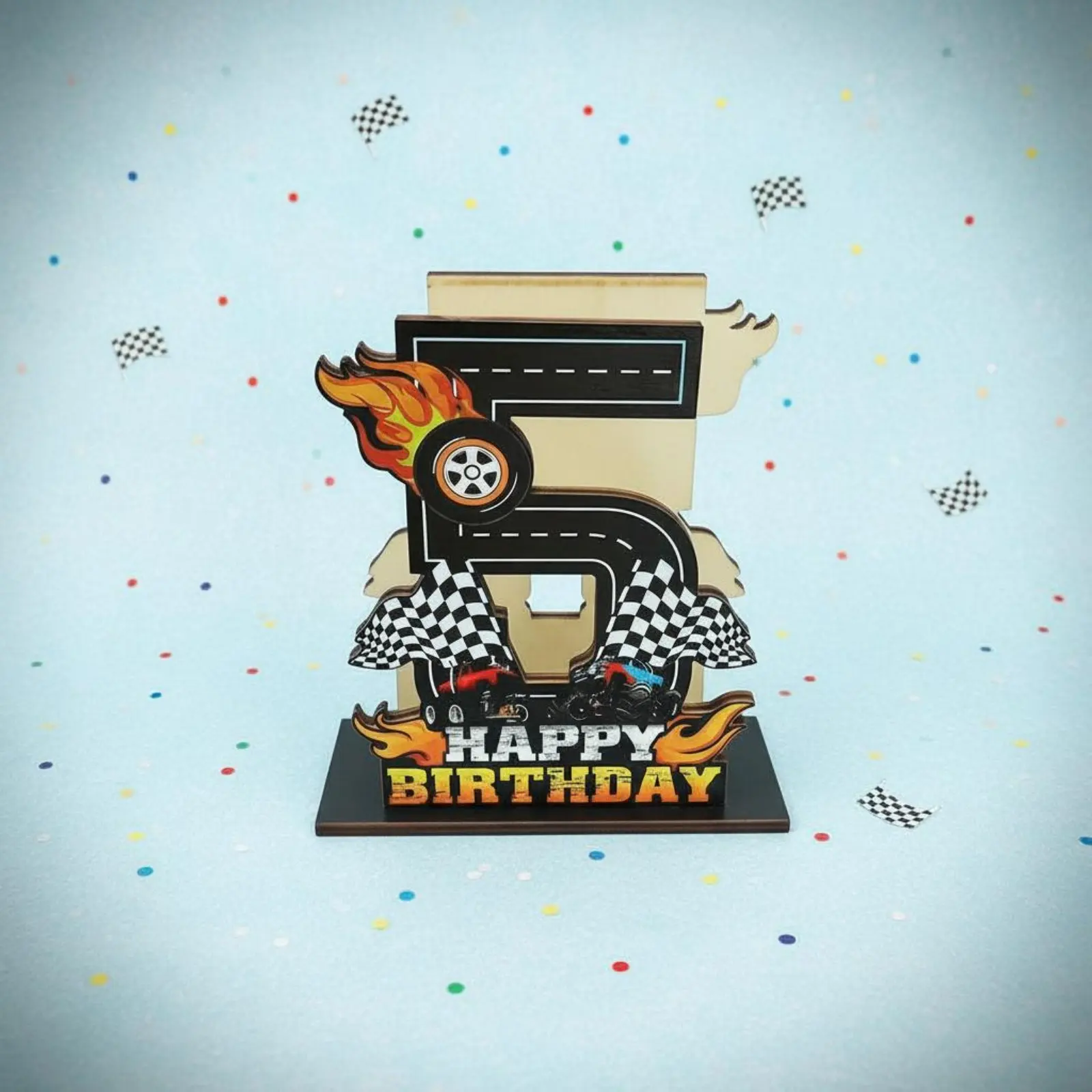 스피드 카 생일 냅킨 홀더 창의적인 디자인 나무 레이싱 테마 냅킨 스탠드 어린이를위한 생일 번호 테이블 장식