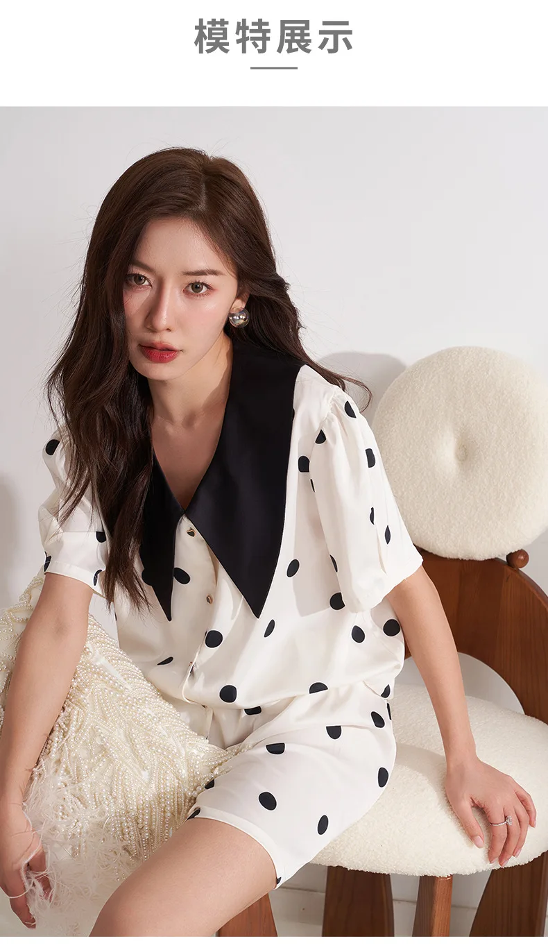 CRLAYDK 2023 Summer Polka Dot Pamas Set for Women Satin Silk Button Down Short Sleeve Sleepwear Bride Soft Pj Loungewear_voghion.com