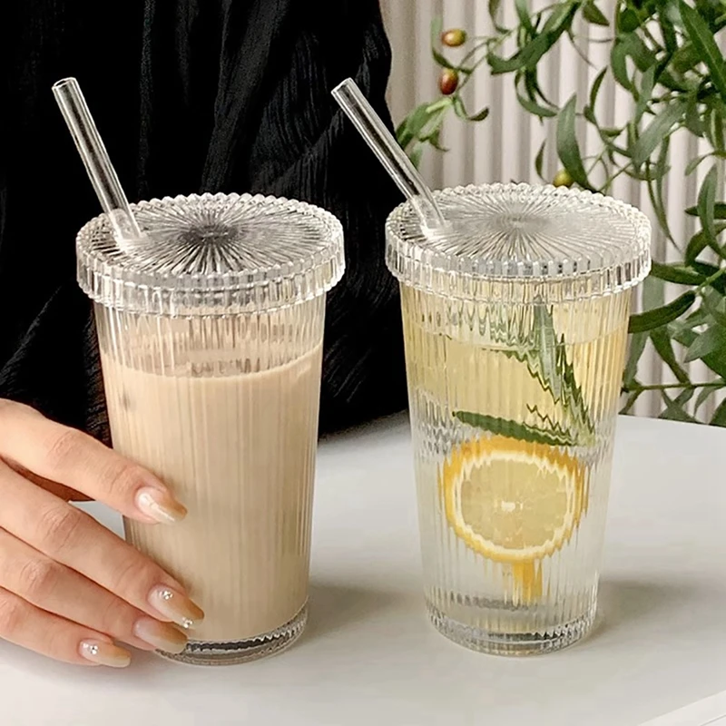 13oz Vertical Stripe Glass Cup with Lids and Straws Glass Coffee Bottle For Latte Tea Juice Water Simple Clear Ribbed Mugs