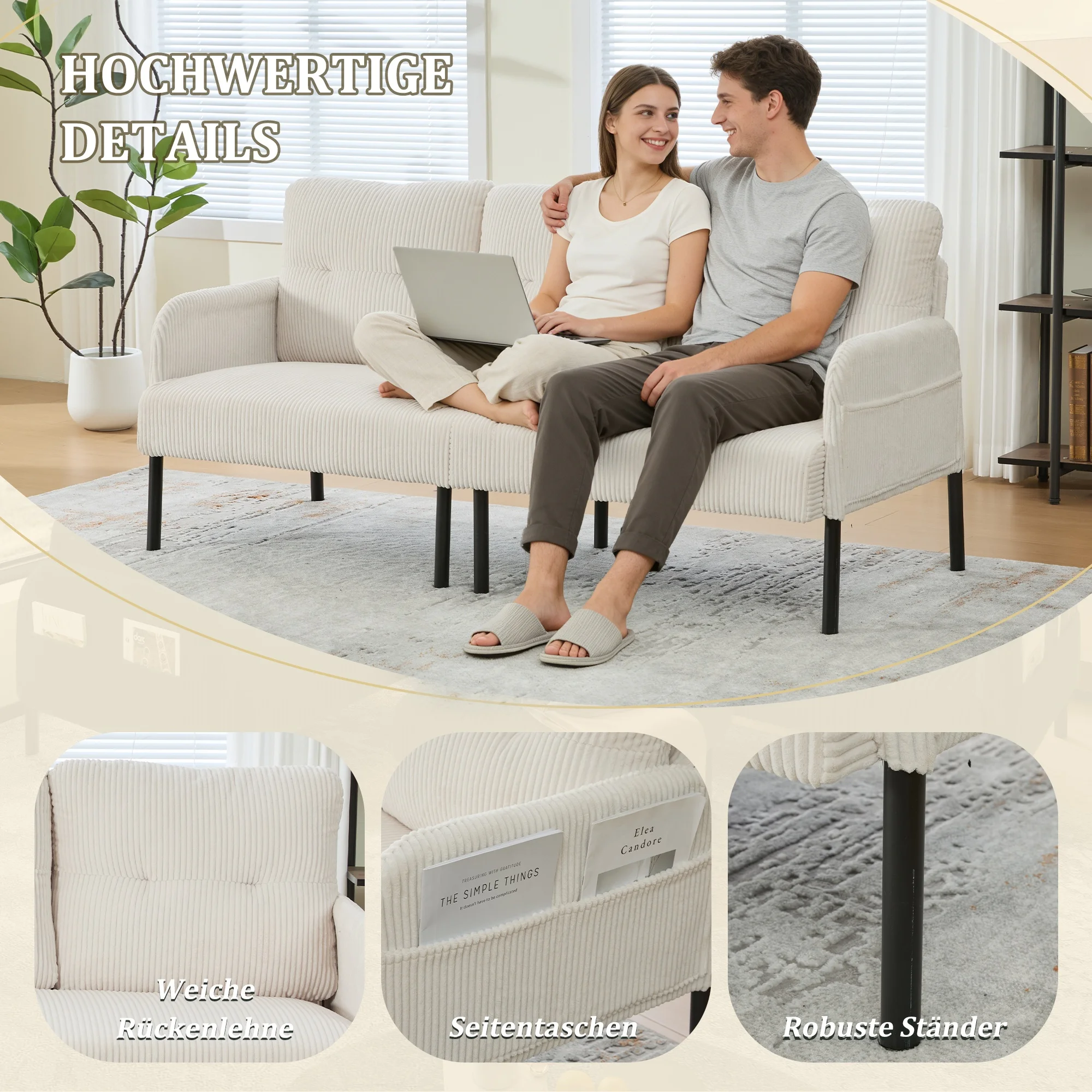 LVHOM Dreisitzer-Sofa Weiches Komfort-Kissensofa Hochlehner Wohnzimmer-Sofa mit Seitentaschen für Wohnzimmer Schlafzimmer – Detail 4