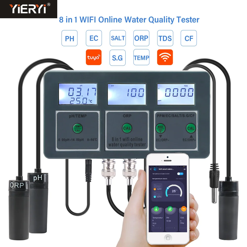 

WiFi Tuya Smart PH Meter Data Logger Temp TDS Salinity S.G. EC ORP Water Tester Monitor Analyzer for Aquariums Pool Hydroponics