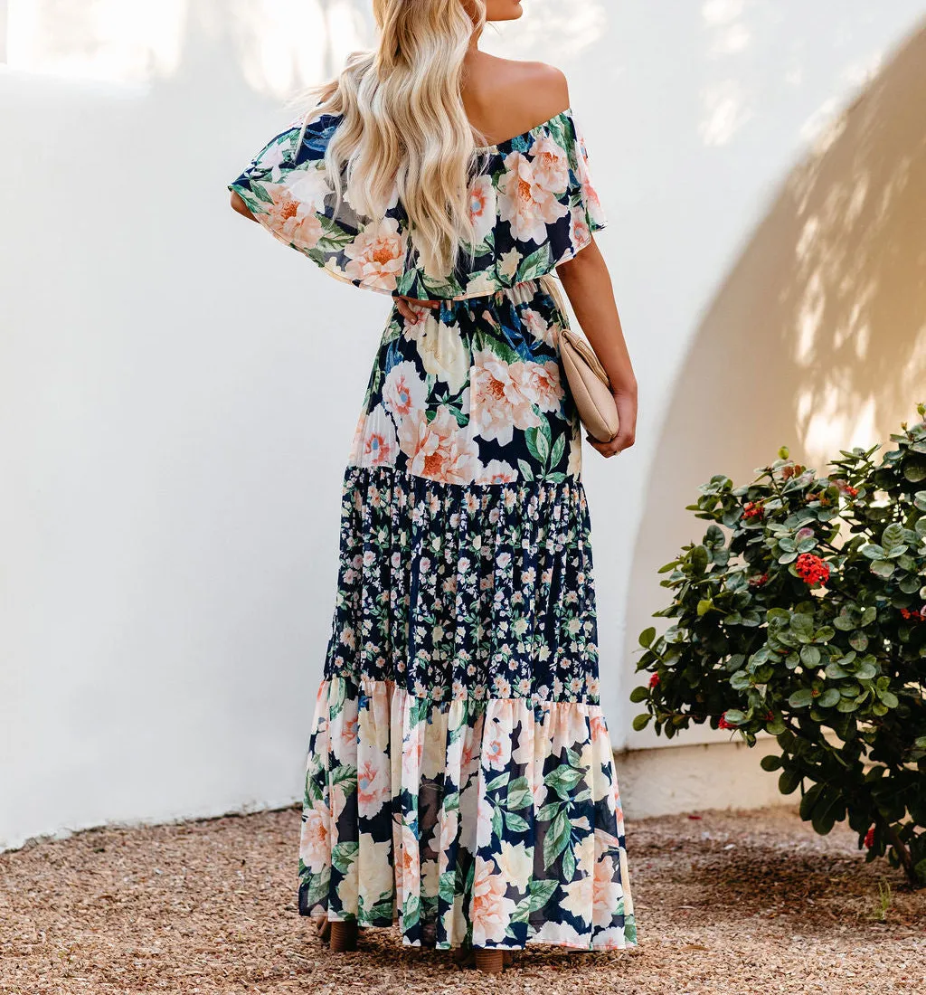 Flower Print Off Shoulder Long Dresses For Women Spring Summer New Fashion Temperament High Waist Leace-up Dress Female Vestidos 9 undefined