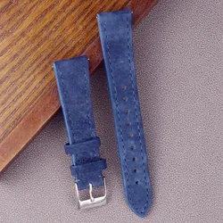 Vintage Brown Genuine Suede Leather Watch Strap with Quick Release - 22mm silver buckle (Blue)