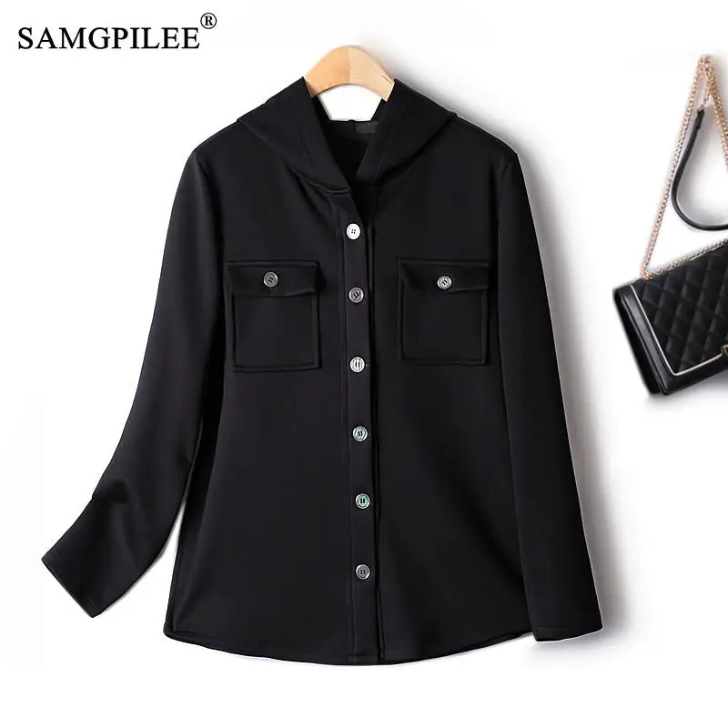

Hooded Sweatshirts 2022 Autumn New Multi-pocket Single-breasted Cardigan Sweater Women's Simple Black Air Cotton Jackets 4XL