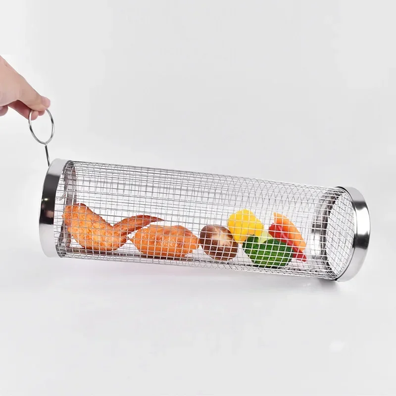 Cylindrical Barbecue Cage, Outdoor Portable Smoke Drum Oven Cage, BBQ Rotating