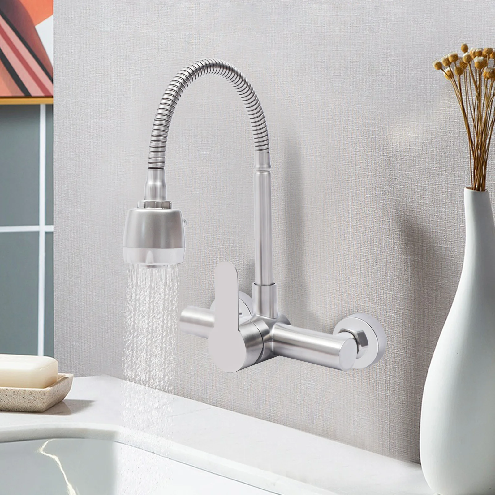 

Wall Mount Faucet Kitchen Center Brushed Single Handle Sprayer Mixer Stainless Steel Constructed Bar Tap