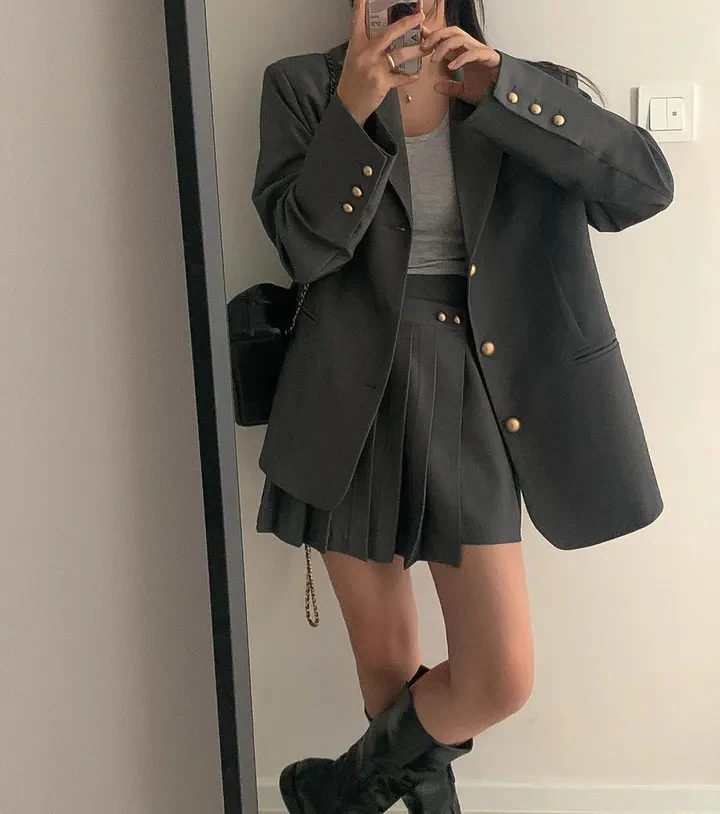 Korean Chic Two-piece Skirt Set Women Single Breasted Blazer Loose Jacket Solid Pleated Mini Skirt Autumn Office Lady Outfits