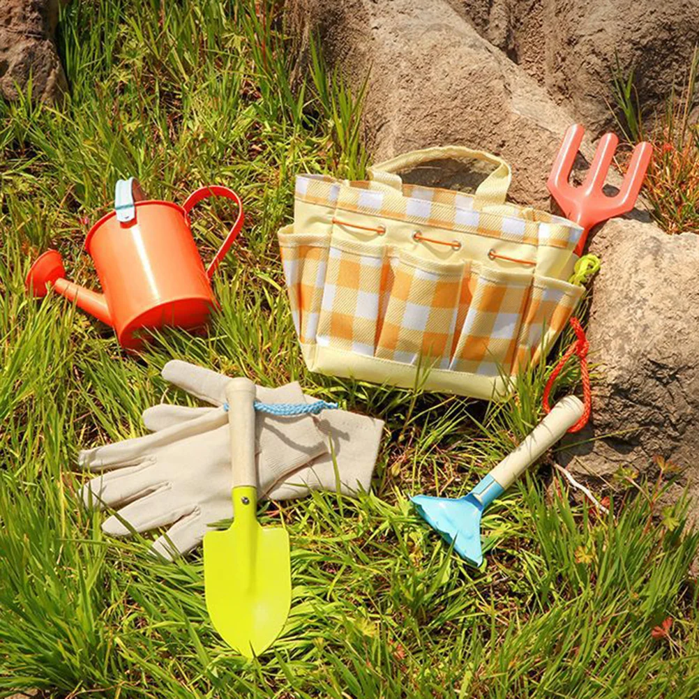 

7pcs Kids Gardening Tool Set Rake Trowel Watering Can Tote Carrying Bag for Toddler Preschool Boys
