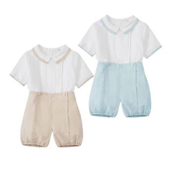 Summer Solid 2 Pieces Gentleman Clothes for Boys Lapel Pleated Shirt with Elastic Waist Shorts Infant 1st Party Cotton Outfit