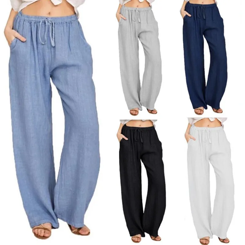 

Women's Loose Linen Elastic Waist Straight Tube Pants Pleated High Waist Wide Leg Pants Loose Casual Cotton Linen Pants